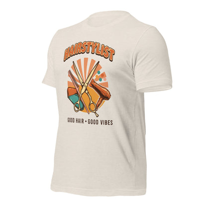 Retro Salon Hairstylist good hair good vibes tee — Heather Dust, front-right