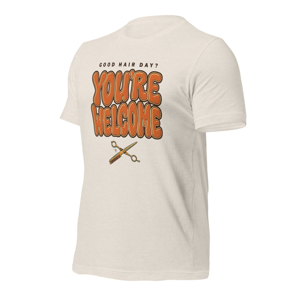 Funny hairstylist Good Hair Day You're Welcome tee — Heather Dust, front-right