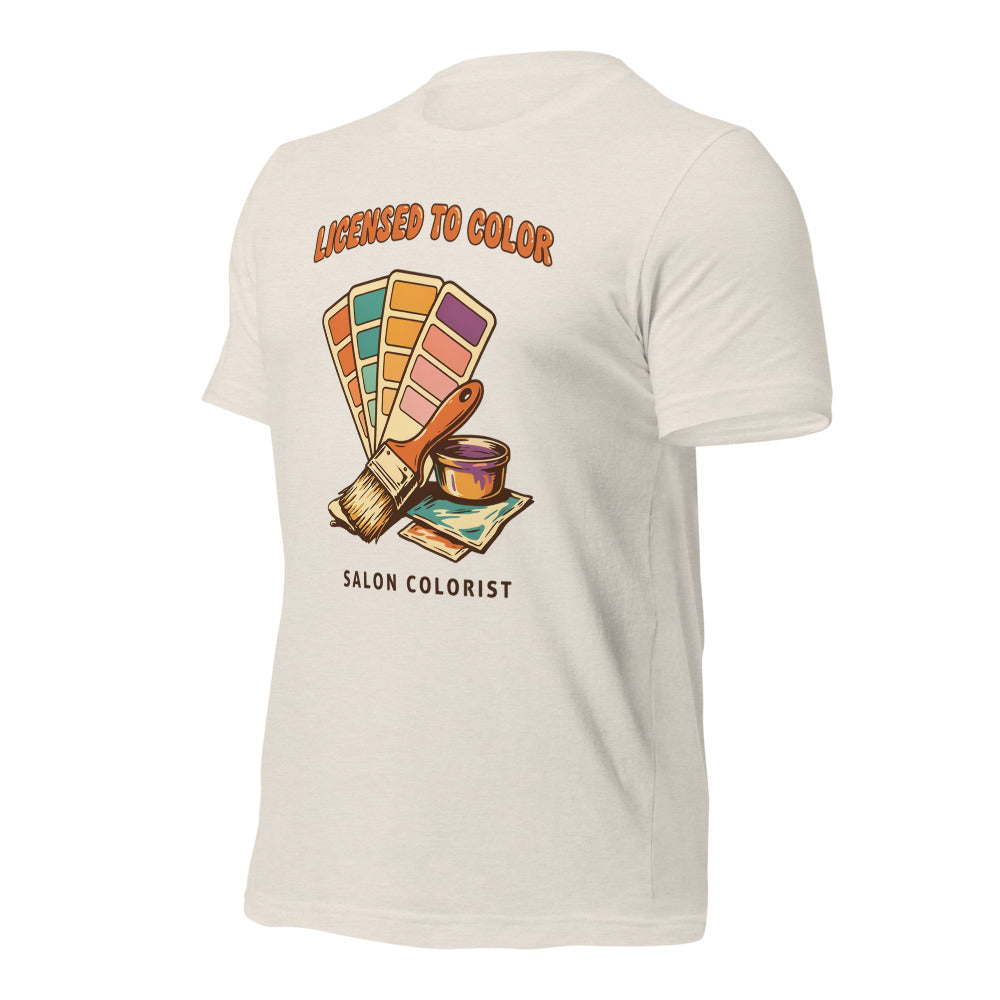 Salon colorist Licensed to Color retro tee — Heather Dust, front-right