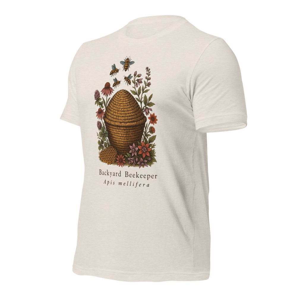 Backyard Beekeeper field-guide bee tee — Heather Dust, front-right