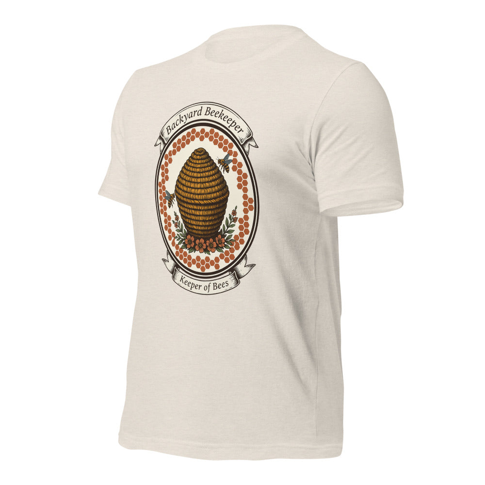 Backyard Beekeeper Keeper of Bees vintage apiary crest tee — Heather Dust, front-right
