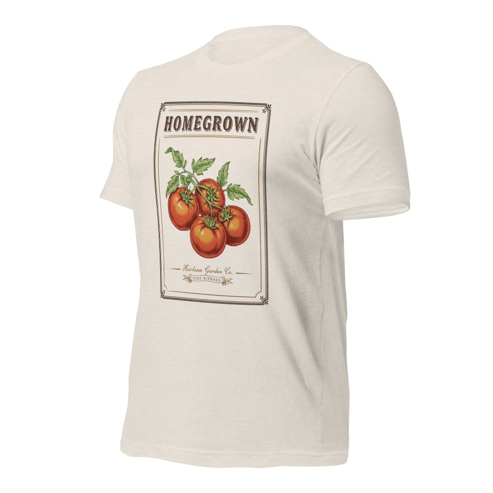 Homegrown Heirloom Seed Packet gardening tee — Heather Dust, front-right