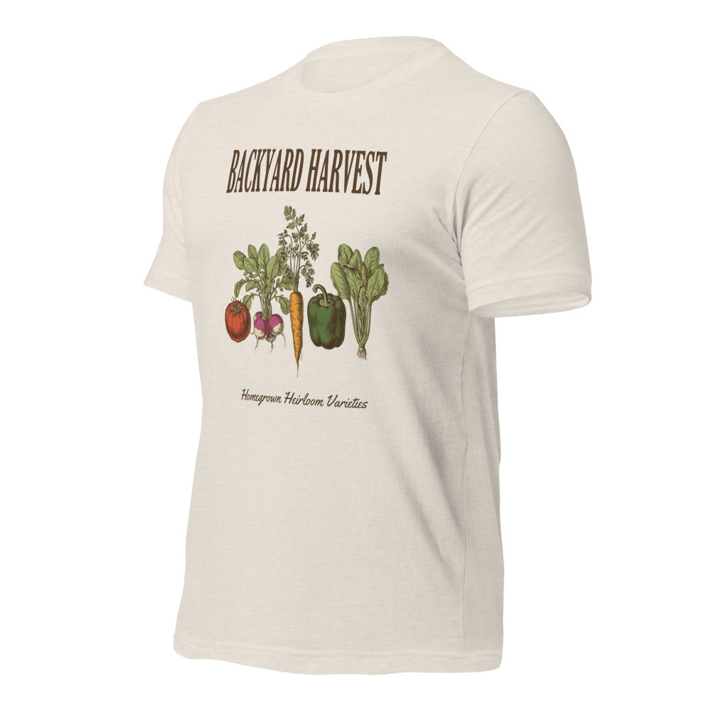 Backyard Harvest heirloom vegetable gardening tee — Heather Dust, front-right