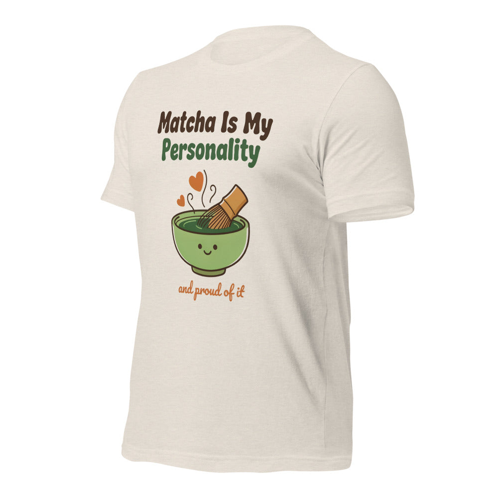 Matcha Is My Personality retro matcha tee — Heather Dust, front-right