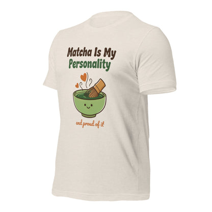 Matcha Is My Personality retro matcha tee — Heather Dust, front-right