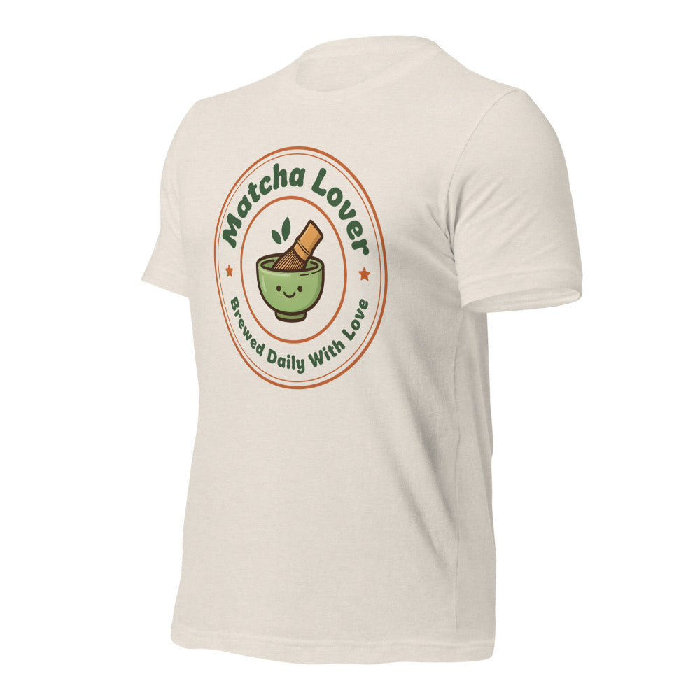Matcha Lover retro café badge tee — Heather Dust, front-right