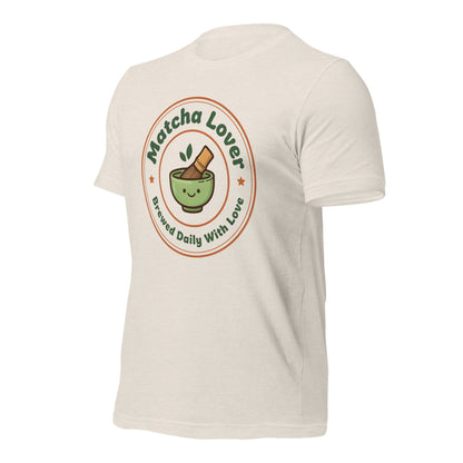 Matcha Lover retro café badge tee — Heather Dust, front-right