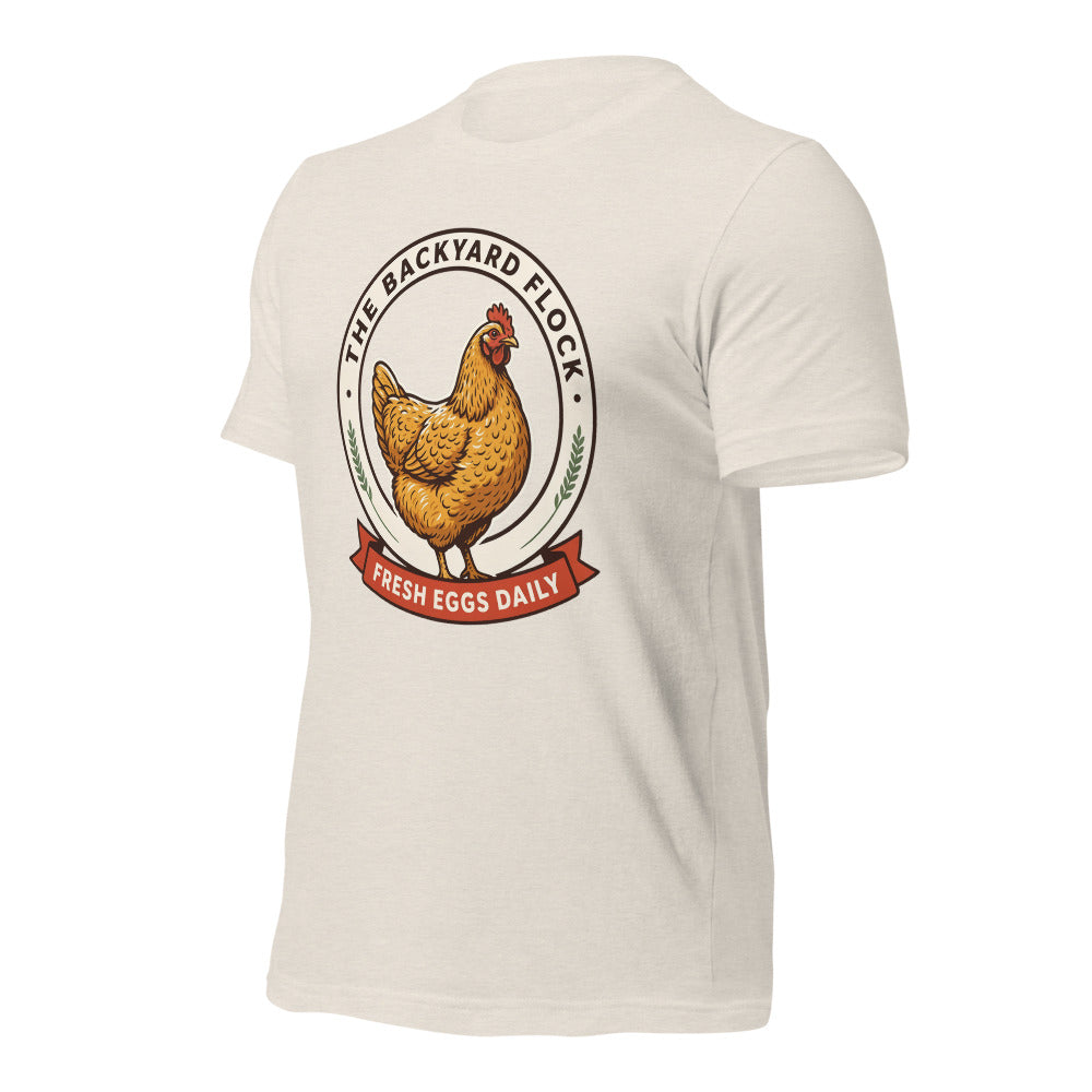 Backyard Flock heritage chicken keeper tee — Heather Dust, front-right