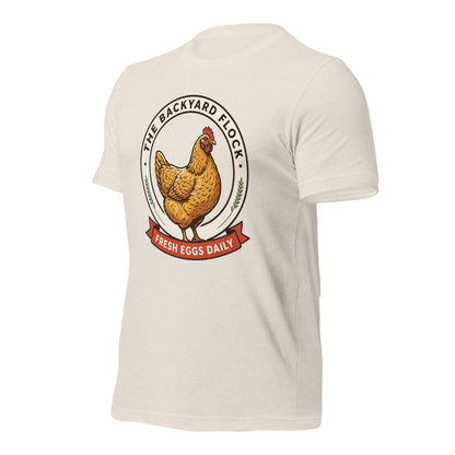 Backyard Flock heritage chicken keeper tee — Heather Dust, front-right