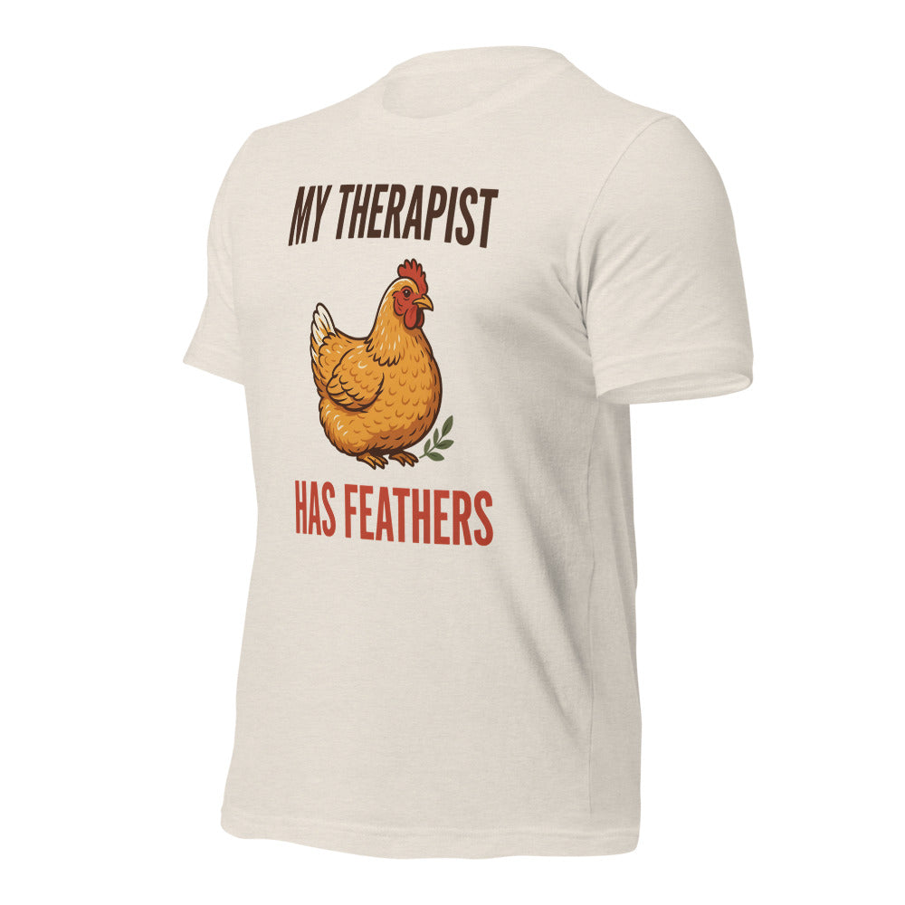 My Therapist Has Feathers funny chicken keeper tee — Heather Dust, front-right