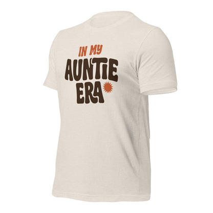 In My Auntie Era retro groovy aunt tee — Heather Dust, front-right
