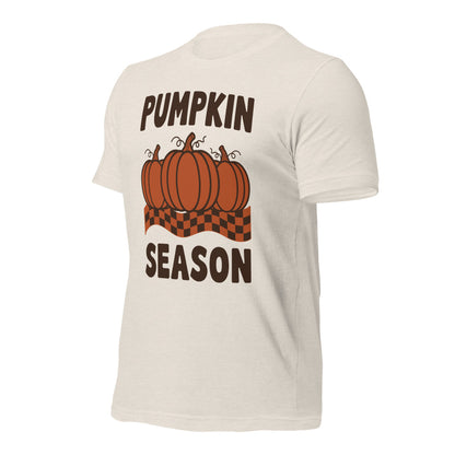 Pumpkin Season retro 70s fall t-shirt — Heather Dust, front-right
