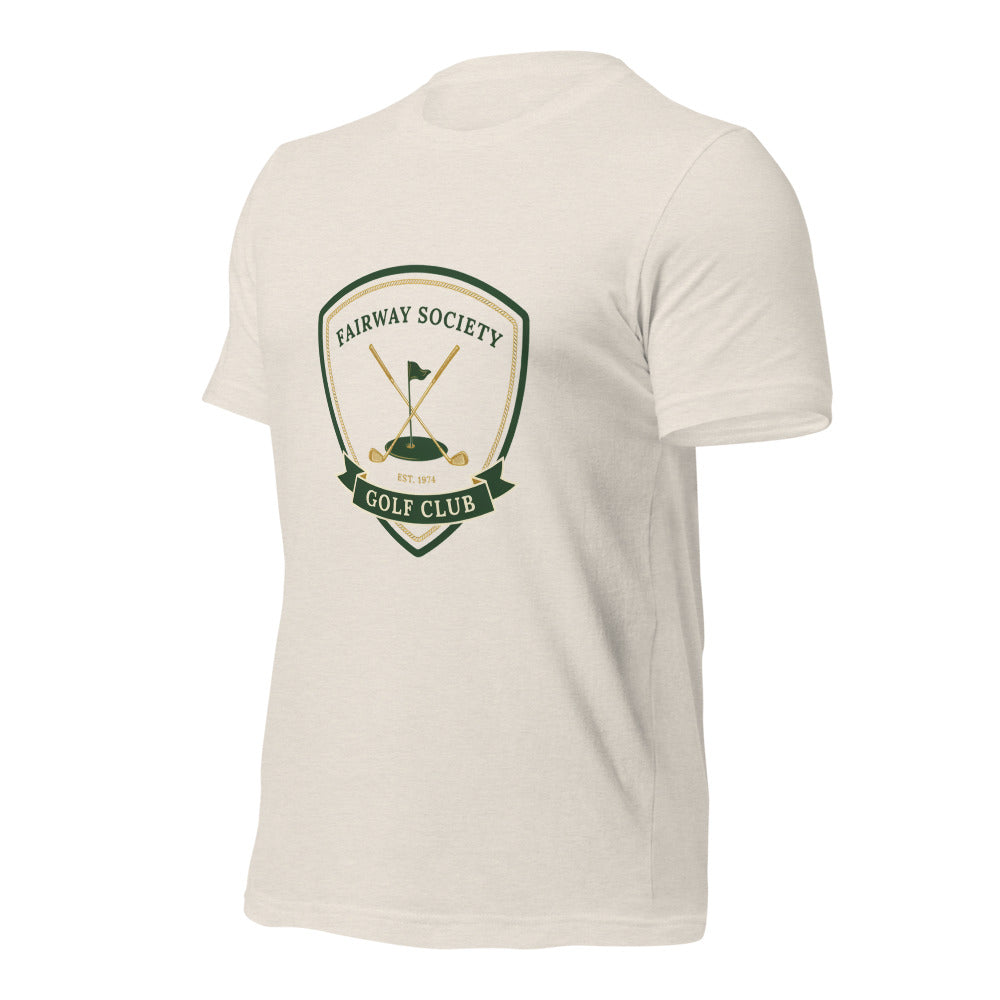 Fairway Society vintage golf club crest tee — Heather Dust, front-right