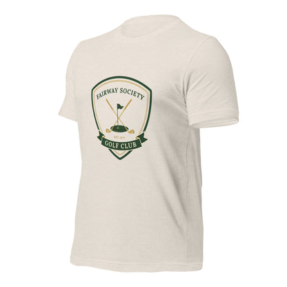 Fairway Society vintage golf club crest tee — Heather Dust, front-right