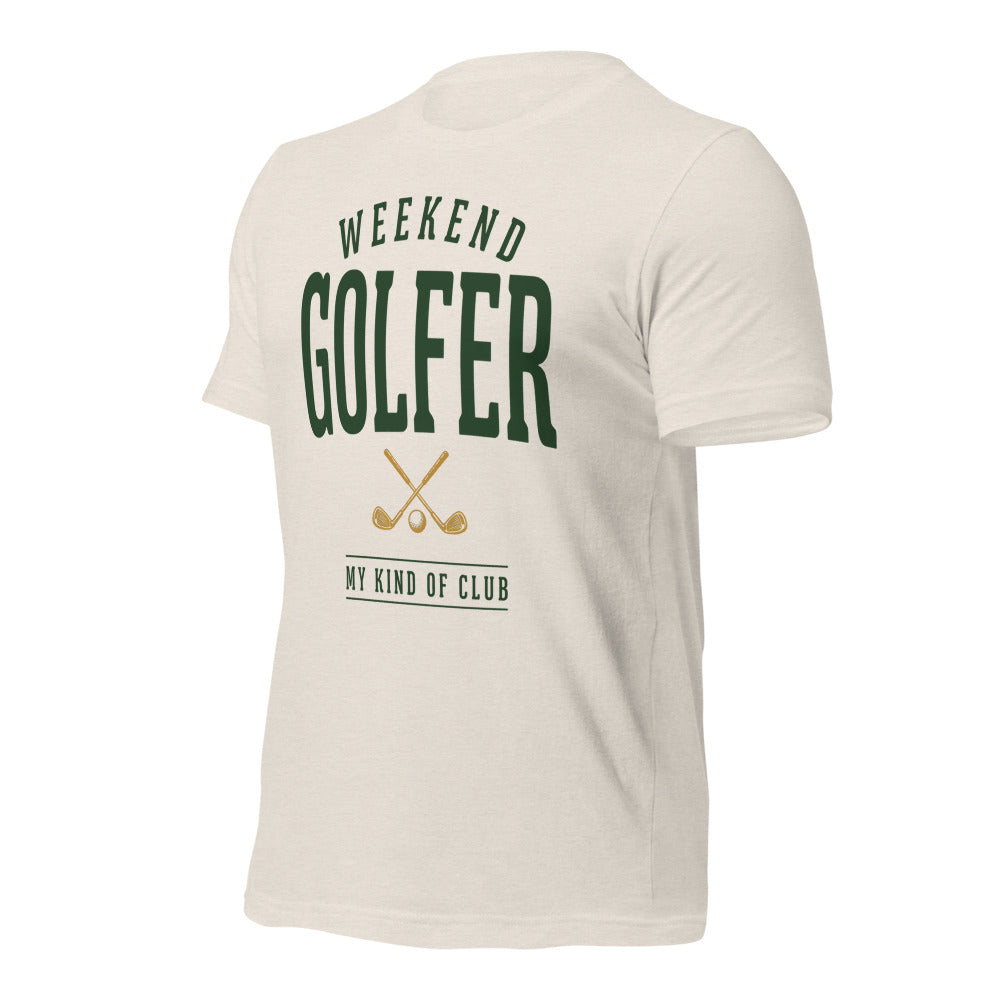 Weekend Golfer vintage golf wordmark tee — Heather Dust, front-right