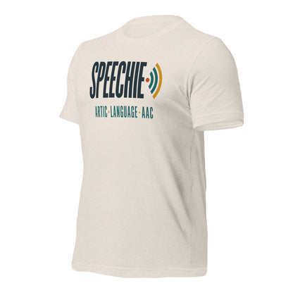 Speechie Wordmark speech therapy tee — Heather Dust, front-right