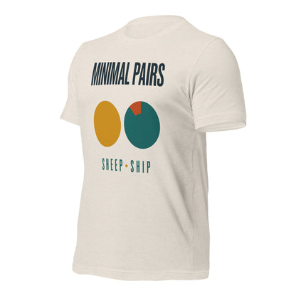 Minimal Pairs speech therapy tee — Heather Dust, front-right