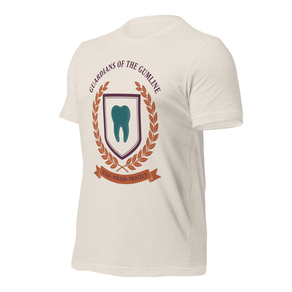 Guardians of the Gumline dental hygienist tee — Heather Dust, front-right