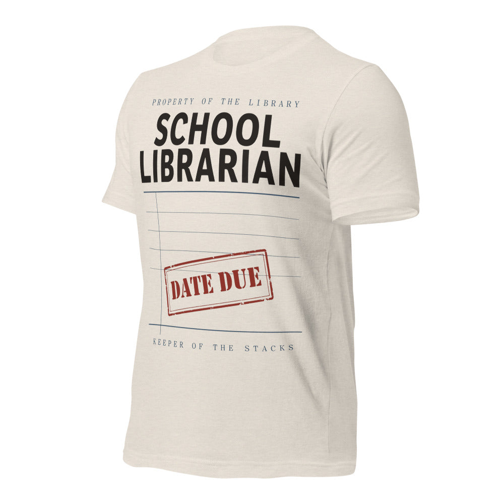 Property of the School Library card catalog school librarian tee — Heather Dust, front-right