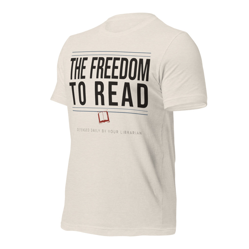 The Freedom to Read school librarian tee — Heather Dust, front-right