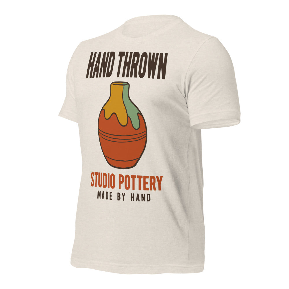 Hand Thrown Studio Pottery retro poster t-shirt — Heather Dust, front-right