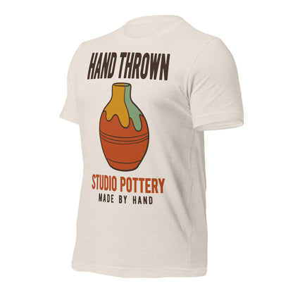 Hand Thrown Studio Pottery retro poster t-shirt — Heather Dust, front-right
