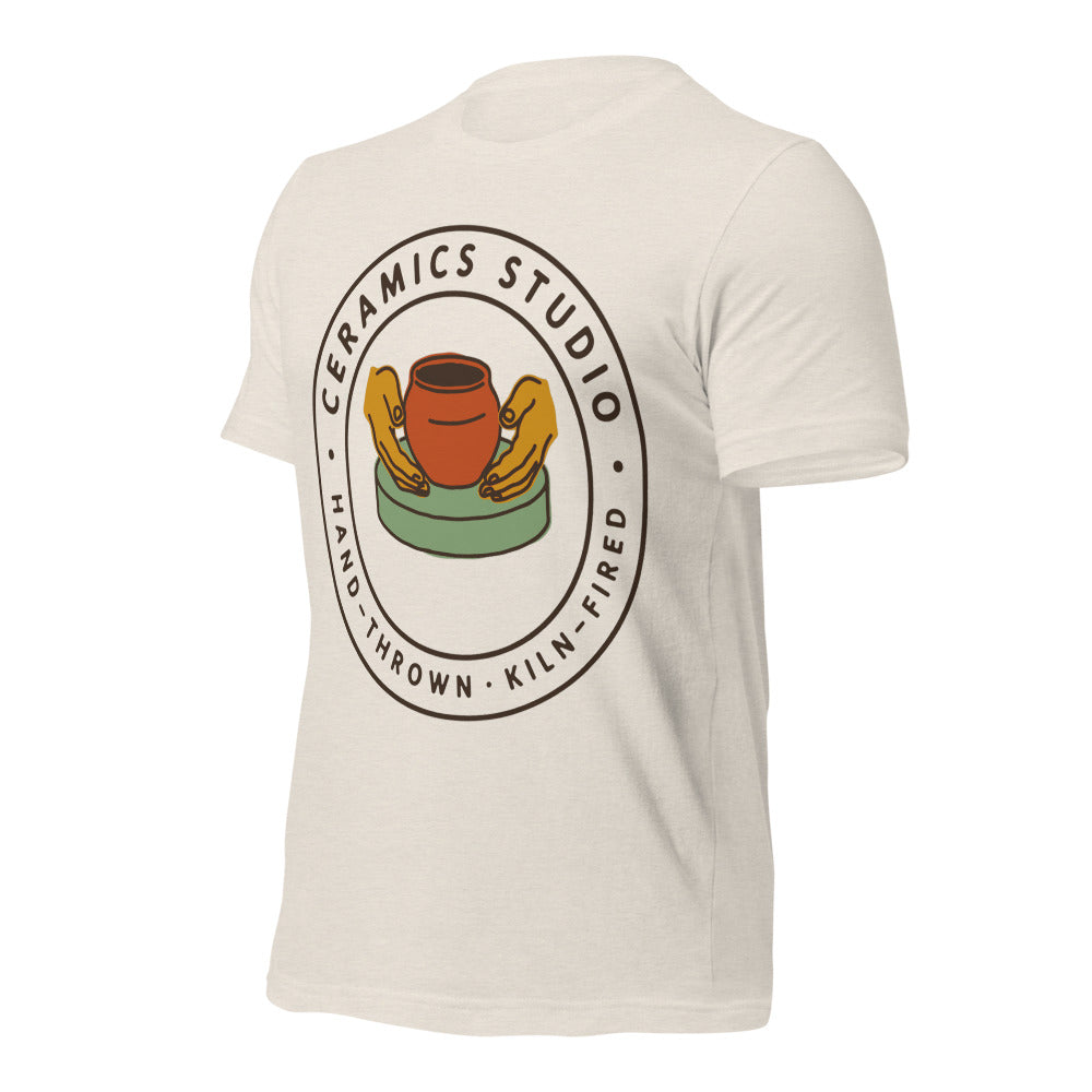 Ceramics Studio Badge hand-thrown pottery t-shirt — Heather Dust, front-right