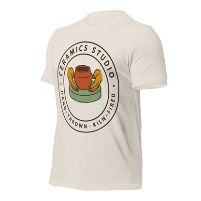Ceramics Studio Badge hand-thrown pottery t-shirt — Heather Dust, front-right