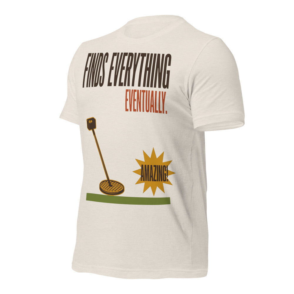 Finds Everything Eventually retro metal detecting tee — Heather Dust, front-right