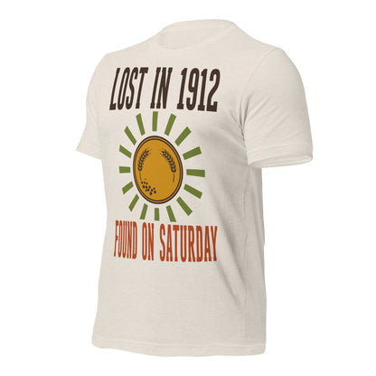 Lost in 1912 Found on Saturday retro metal detecting tee — Heather Dust, front-right