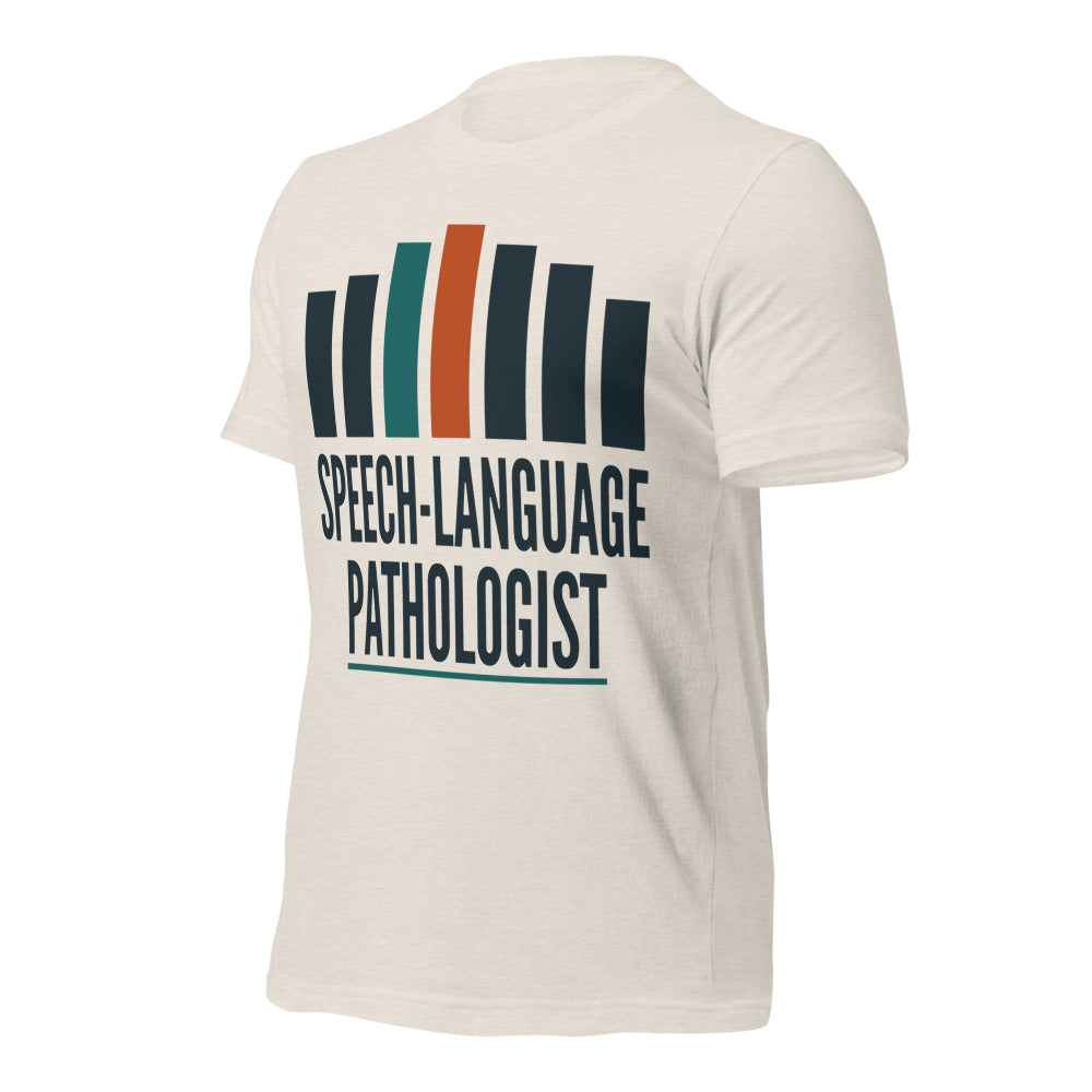 Mid-Century Clinic speech therapy tee — Heather Dust, front-right