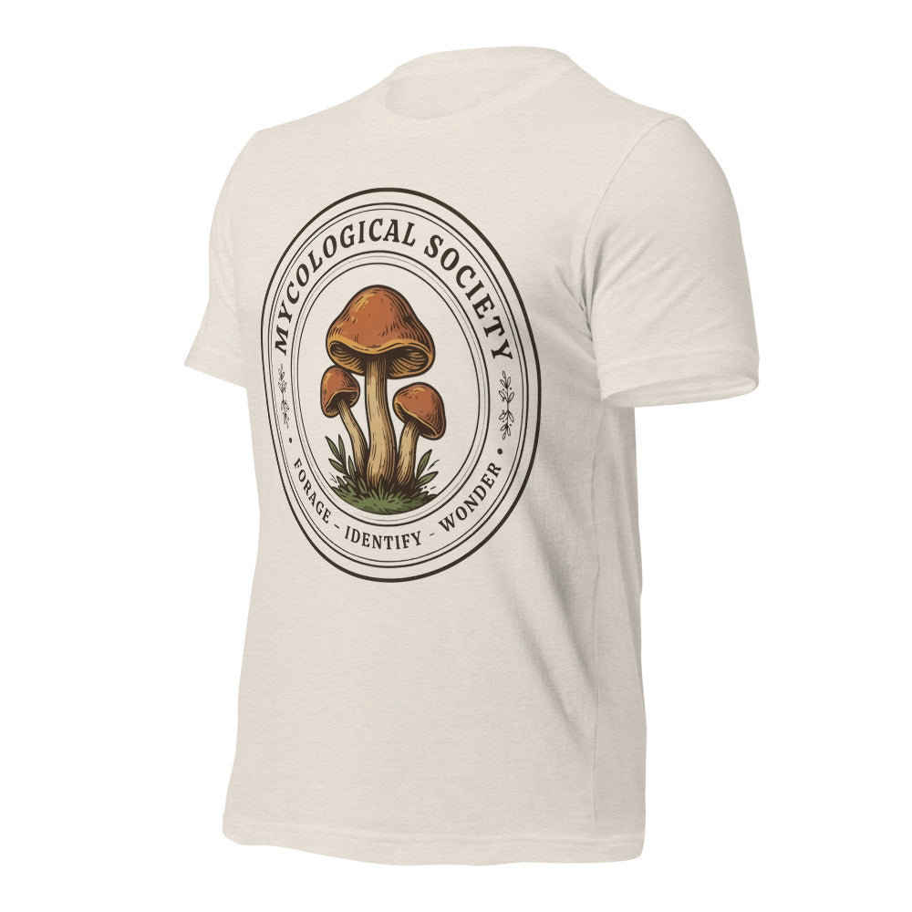 Mushroom Foraging Mycological Society vintage botanical tee — Heather Dust, front-right