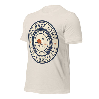 The Back Nine vintage golf roundel tee — Heather Dust, front-right