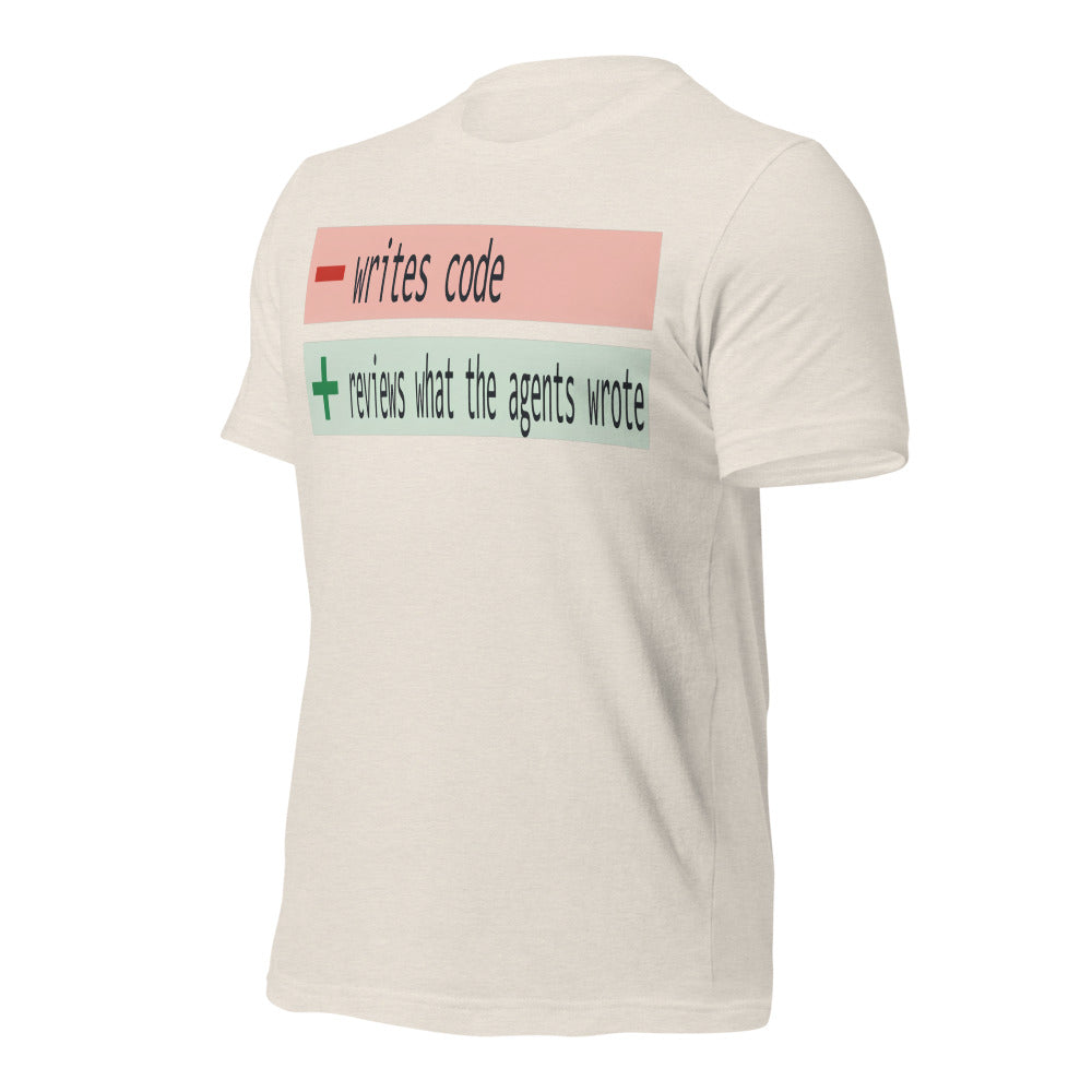 The Diff agentic AI engineer tee — Heather Dust, front-right