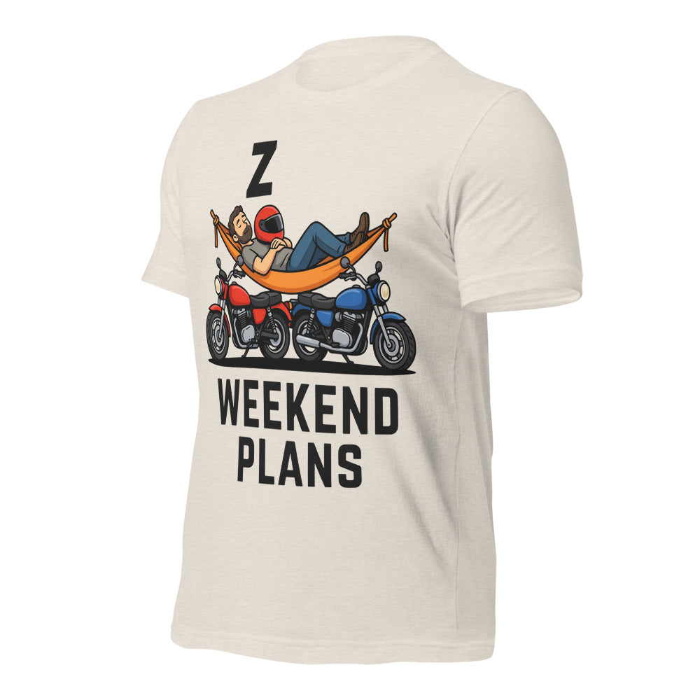 Weekend Plans funny motorcycle dad tee — Heather Dust, front-right