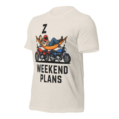Weekend Plans funny motorcycle dad tee — Heather Dust, front-right