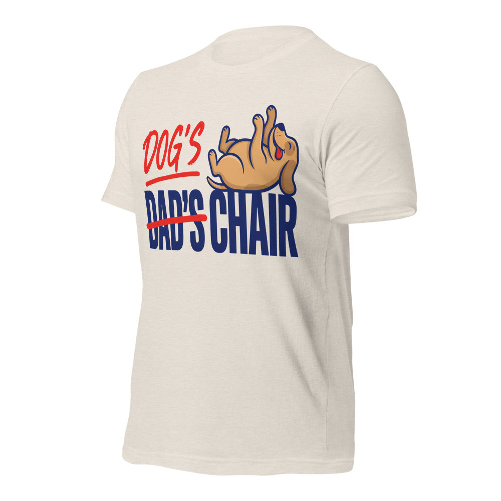 Dog's Chair funny dog dad tee — Heather Dust, front-right