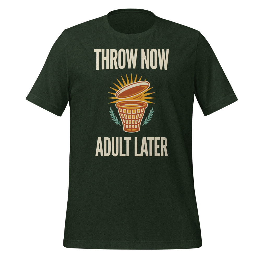 Funny disc golf shirt, Throw Now Adult Later disc golf retro tee — Heather Emerald, front