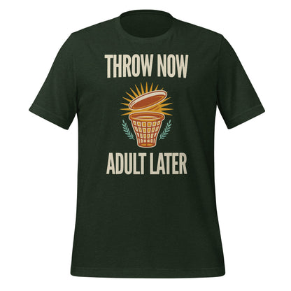Funny disc golf shirt, Throw Now Adult Later disc golf retro tee — Heather Emerald, front