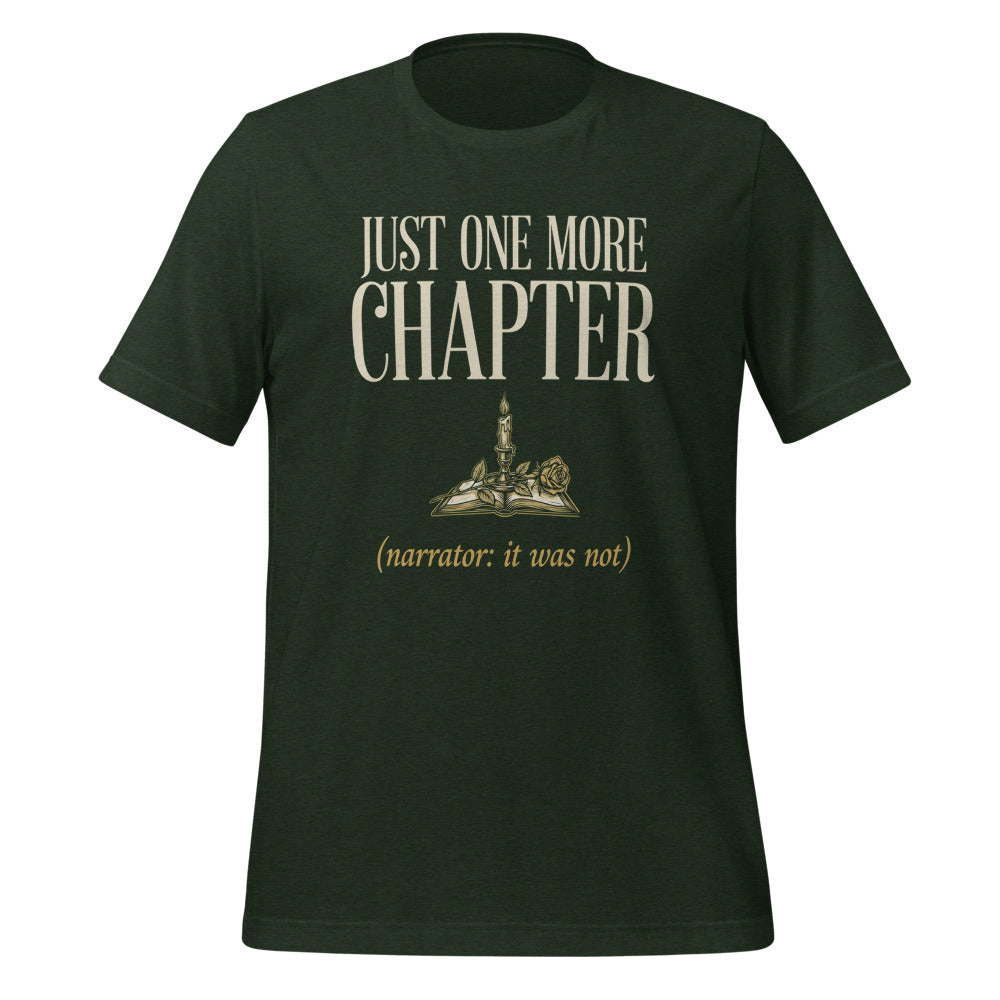 Just One More Chapter book lover dark academia tee — Heather Emerald, front