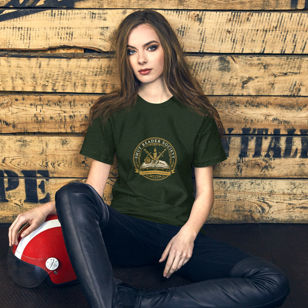 Smut Reader Society book lover dark academia tee — Heather Emerald, on model