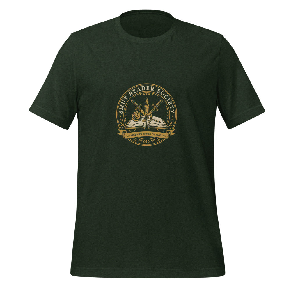 Smut Reader Society book lover dark academia tee — Heather Emerald, front