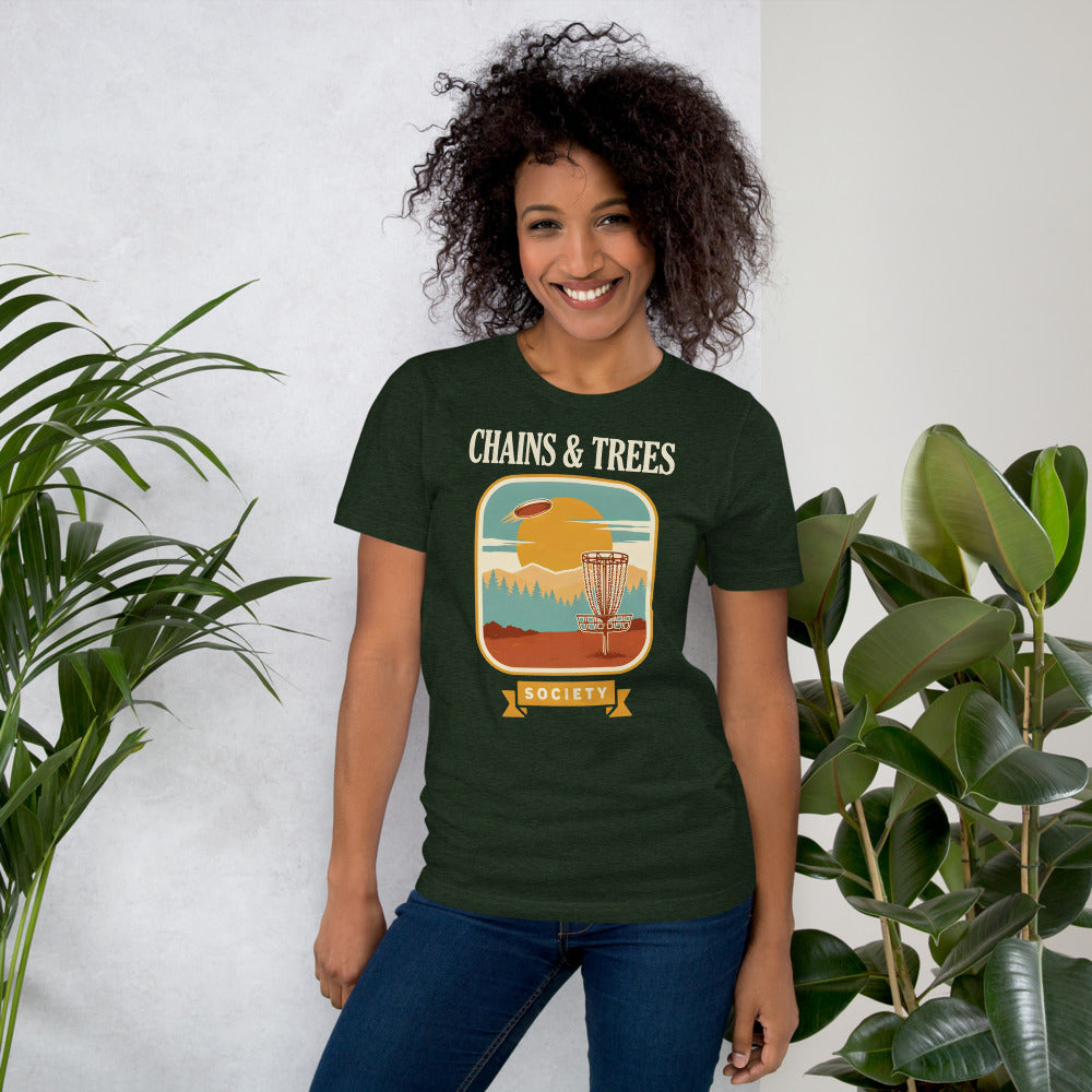 Chains & Trees Society disc golf retro landscape tee — Heather Emerald, model