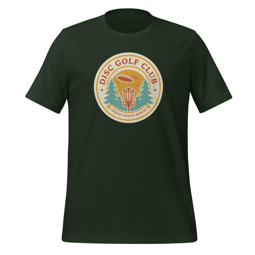 Disc Golf Club retro badge tee — Heather Emerald, front