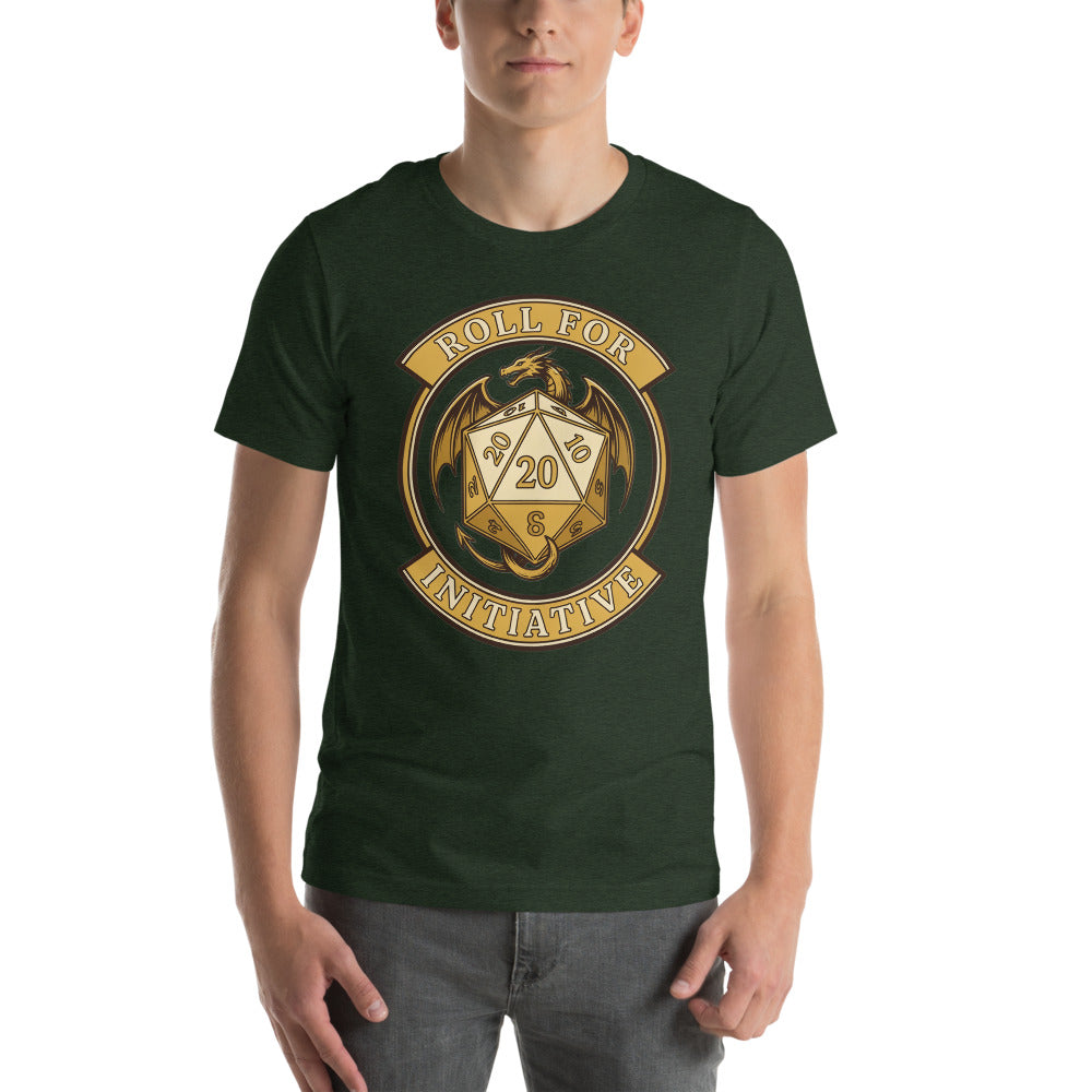 Roll For Initiative d20 dragon tabletop RPG tee — Heather Emerald, on model