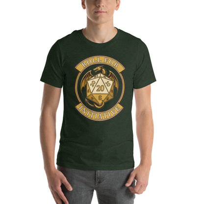 Roll For Initiative d20 dragon tabletop RPG tee — Heather Emerald, on model