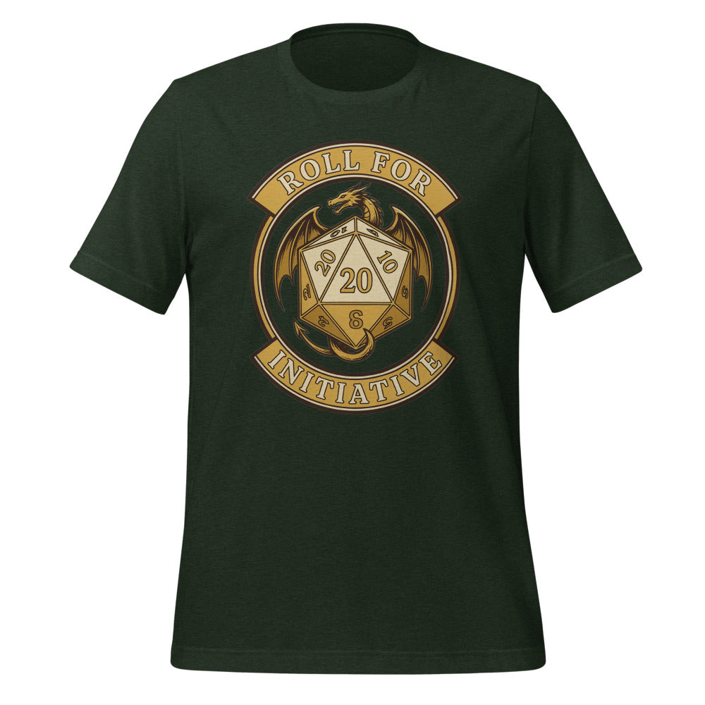 Roll For Initiative d20 dragon tabletop RPG tee — Heather Emerald, front