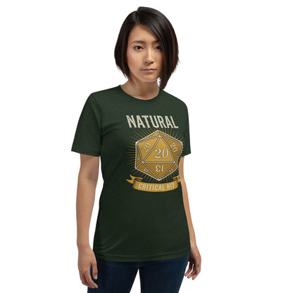 Natural 20 critical hit d20 tabletop RPG tee — Heather Emerald, on model