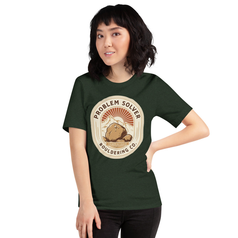 Problem Solver Bouldering Badge t-shirt — Heather Emerald, on model