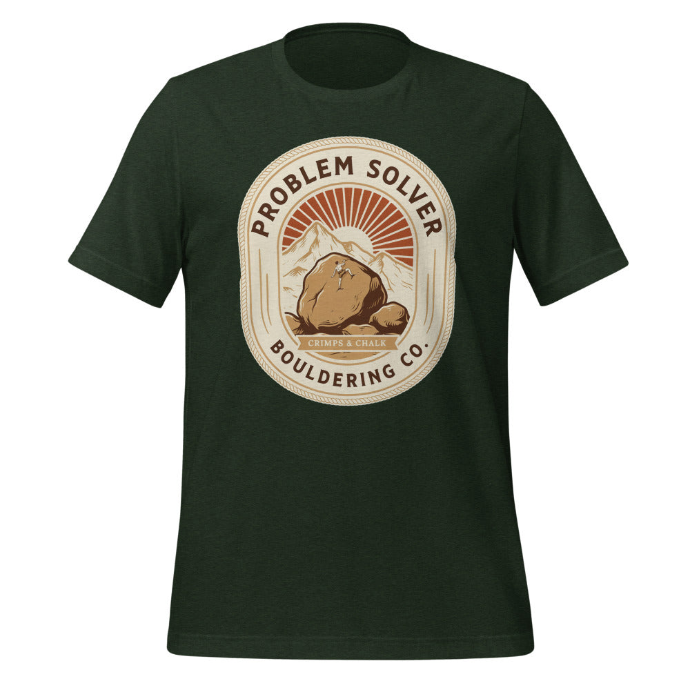 Problem Solver Bouldering Badge t-shirt — Heather Emerald, front